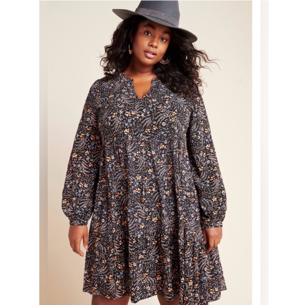 Maeve Anthropologie Amber Tiered Tunic Dress Black Floral Size XL Long Sleeve